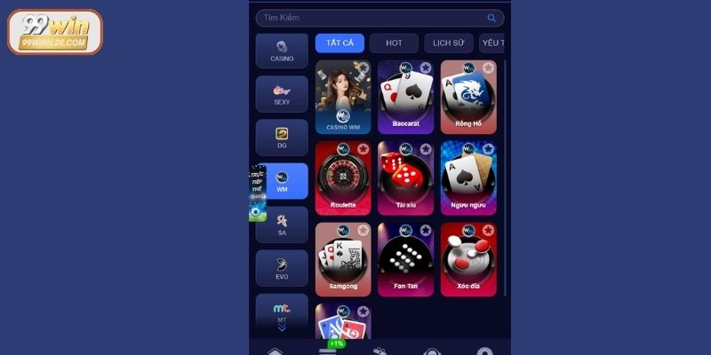 Danh mục trò chơi casino được yêu thích tại 99Win