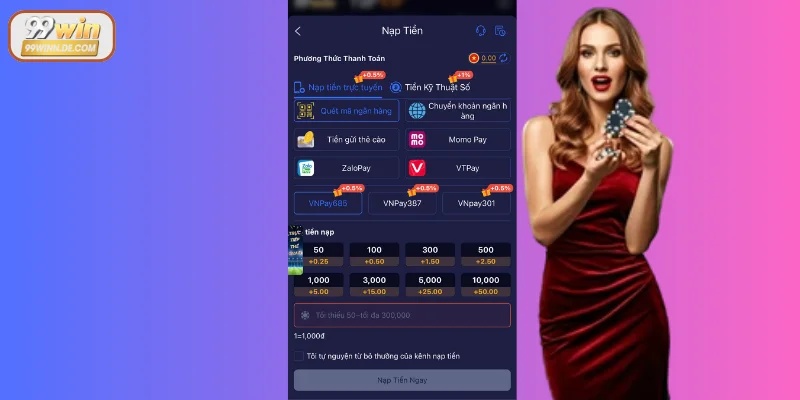 Hướng dẫn nạp tiền 99Win qua các phương thức