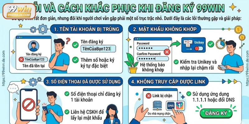 Lỗi và cách khắc phục khi đăng ký tài khoản cá cược 99Win